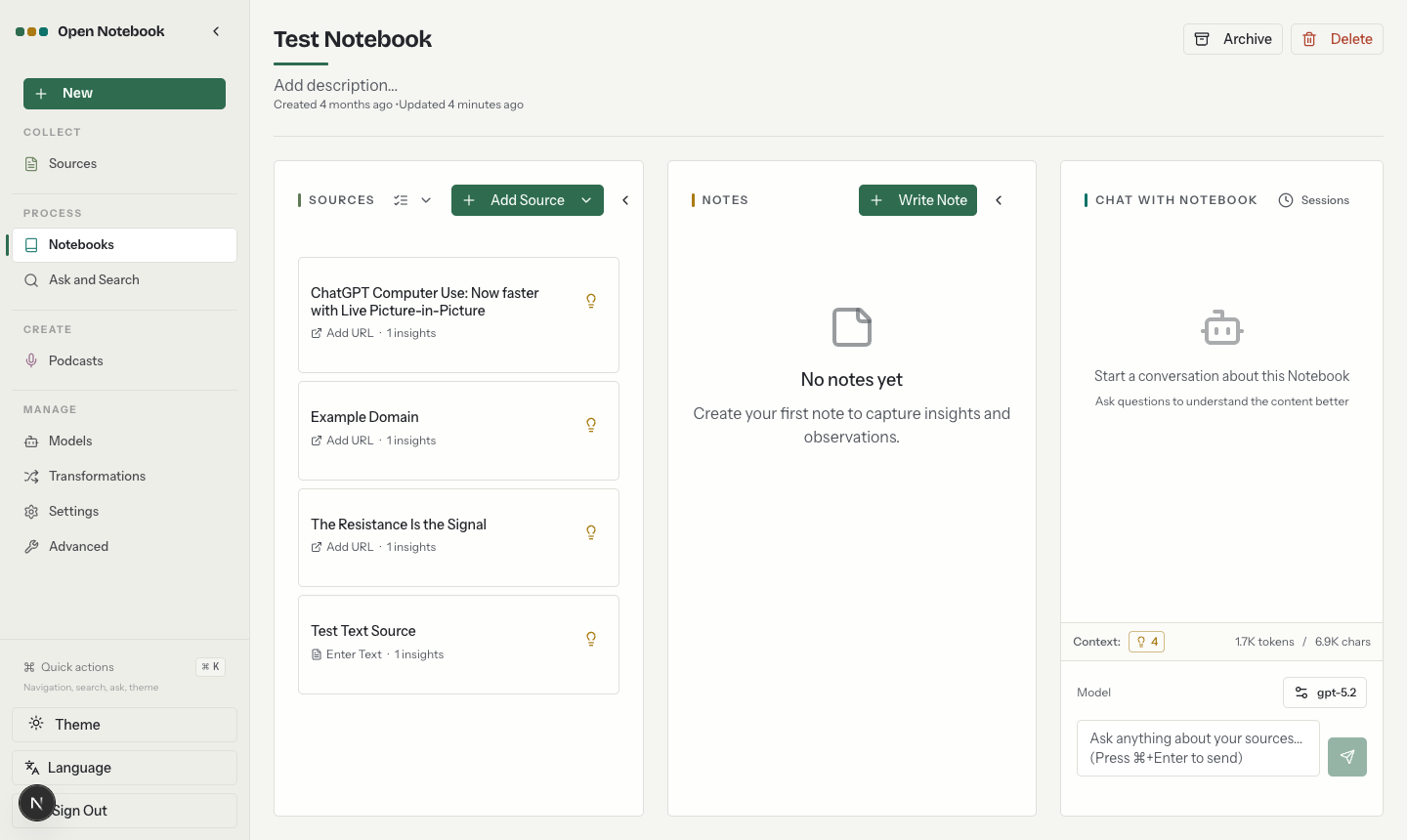 Open-Notebook product interface