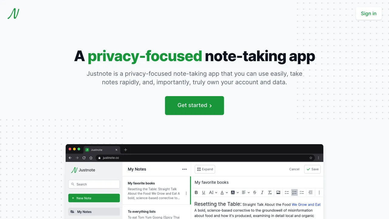 Justnote product interface