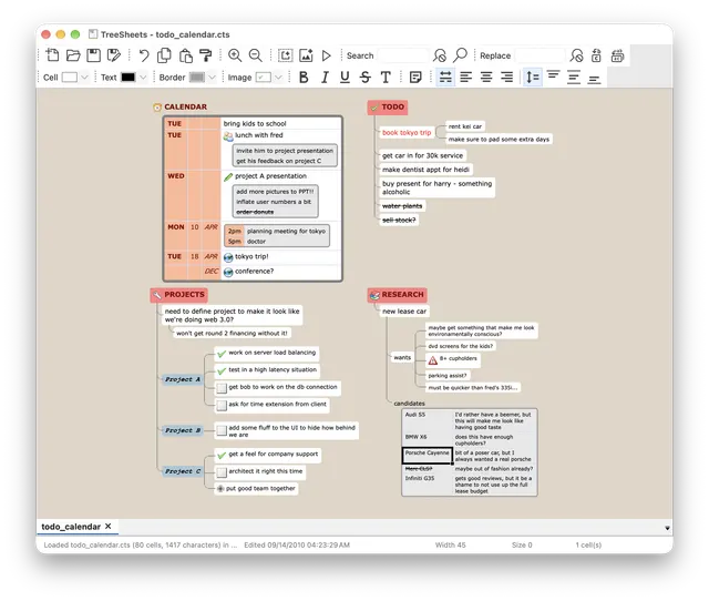 TreeSheets product interface
